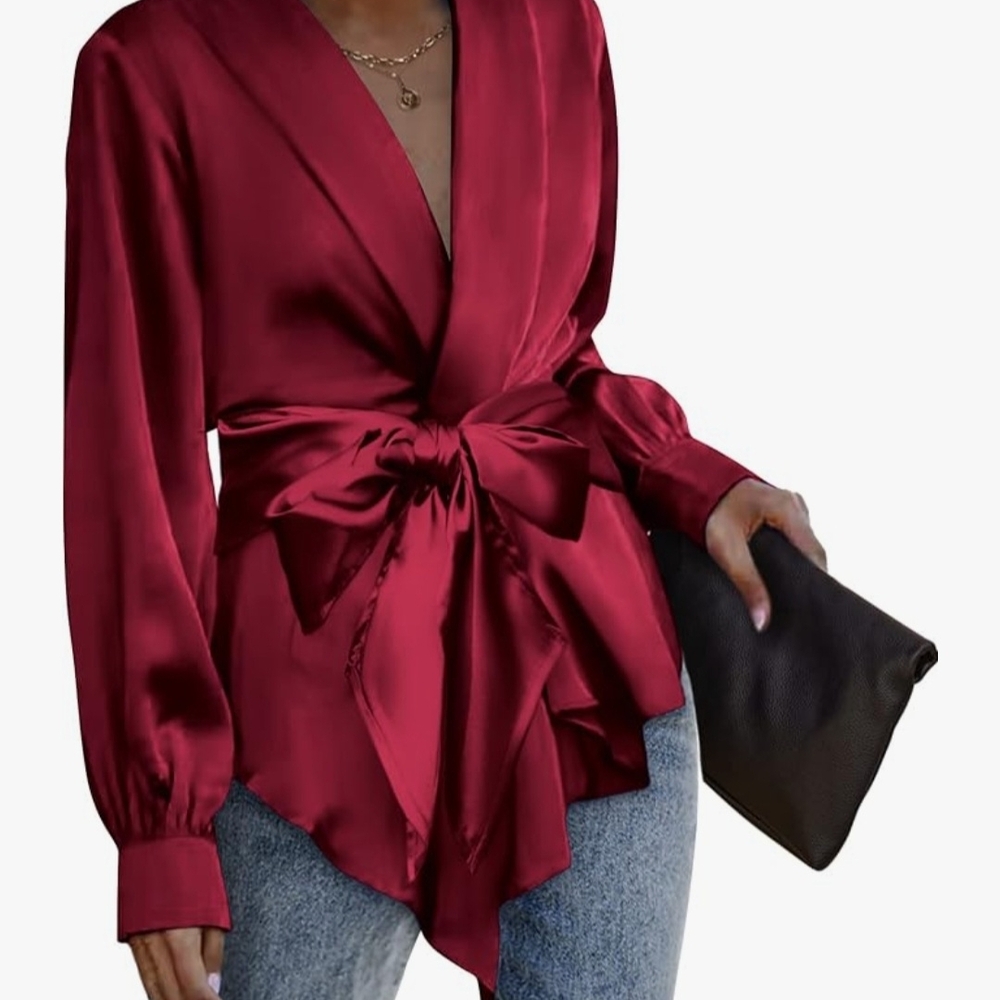 Chic Satin Wrap Blouse in Deep Red